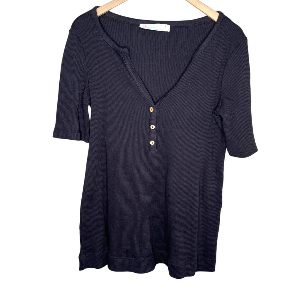 Free People Beach Ribbed Black Over Sized Henley Top Size Med coastal
